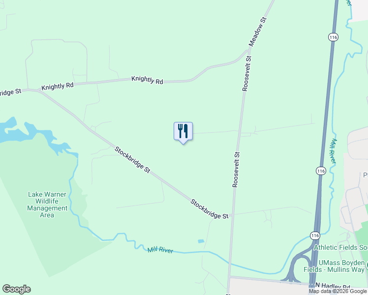 map of restaurants, bars, coffee shops, grocery stores, and more near 76 Stockbridge Road in Hadley