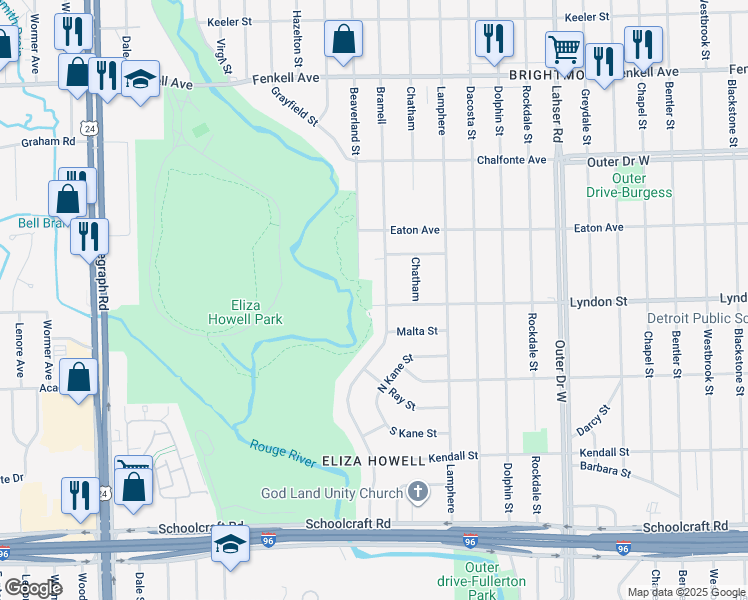 map of restaurants, bars, coffee shops, grocery stores, and more near 22622 Lyndon Street in Detroit