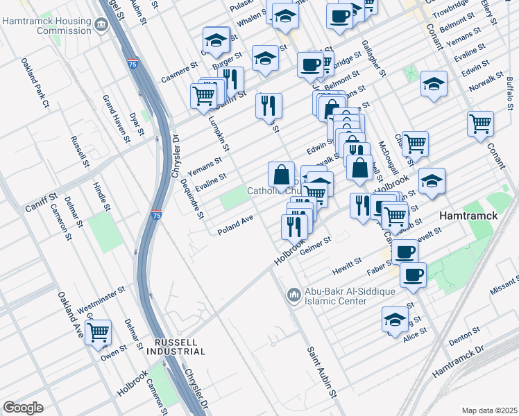map of restaurants, bars, coffee shops, grocery stores, and more near 2203 Poland St in Hamtramck