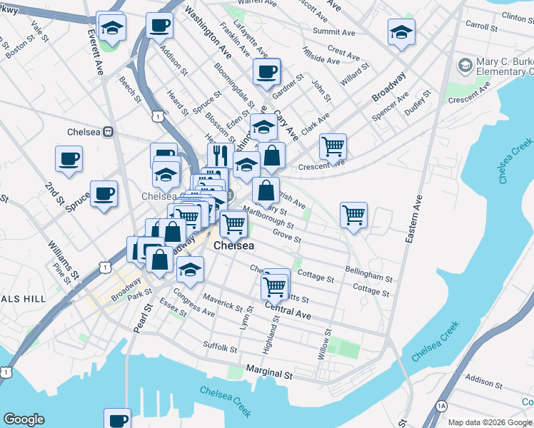 map of restaurants, bars, coffee shops, grocery stores, and more near 49 Marlborough Street in Chelsea