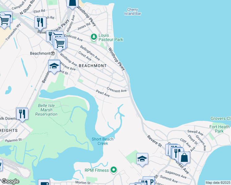 map of restaurants, bars, coffee shops, grocery stores, and more near 271 Crescent Avenue in Revere