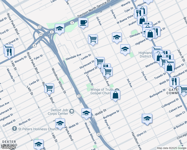 map of restaurants, bars, coffee shops, grocery stores, and more near 310 Cortland Street in Highland Park