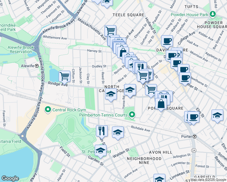map of restaurants, bars, coffee shops, grocery stores, and more near 146 Rindge Avenue in Cambridge