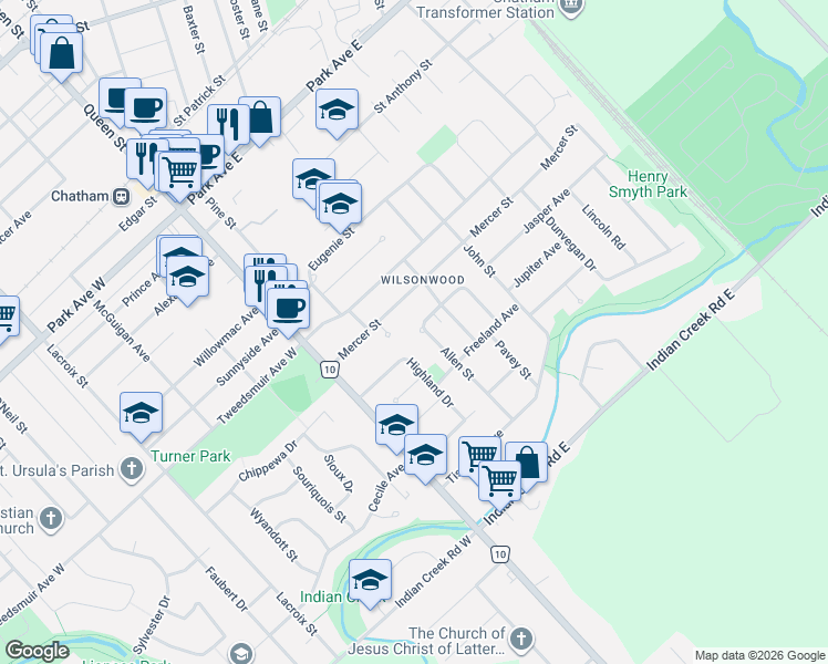 map of restaurants, bars, coffee shops, grocery stores, and more near 80 Allen Street in Chatham