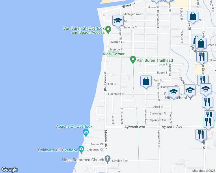 map of restaurants, bars, coffee shops, grocery stores, and more near 865 Monroe Boulevard in South Haven