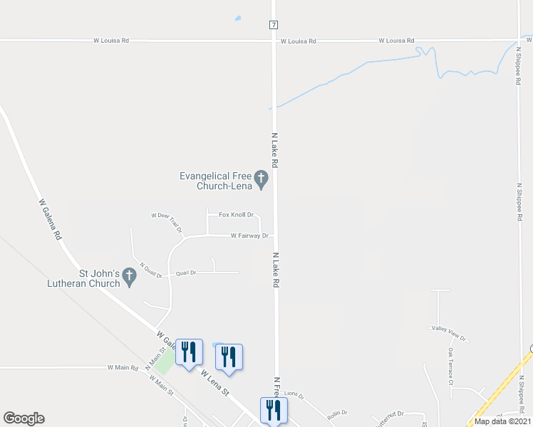 map of restaurants, bars, coffee shops, grocery stores, and more near 680 Fox Knoll Drive in Lena