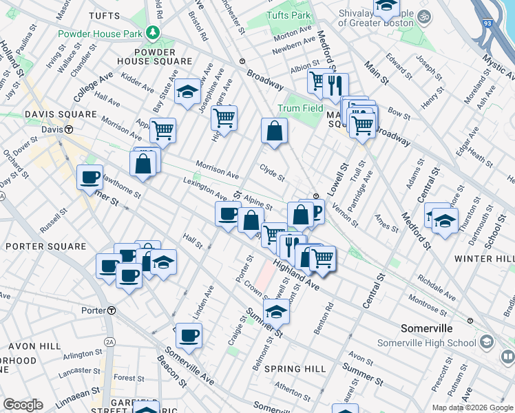 map of restaurants, bars, coffee shops, grocery stores, and more near 159 Albion Street in Somerville