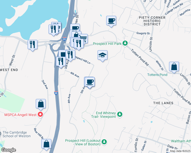 map of restaurants, bars, coffee shops, grocery stores, and more near 100 5th Avenue in Waltham