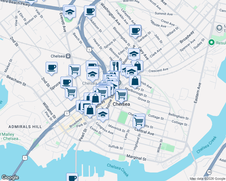 map of restaurants, bars, coffee shops, grocery stores, and more near 484 Broadway in Everett