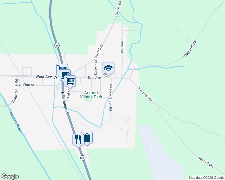 map of restaurants, bars, coffee shops, grocery stores, and more near 7 Meadow Brook Road in Arkport