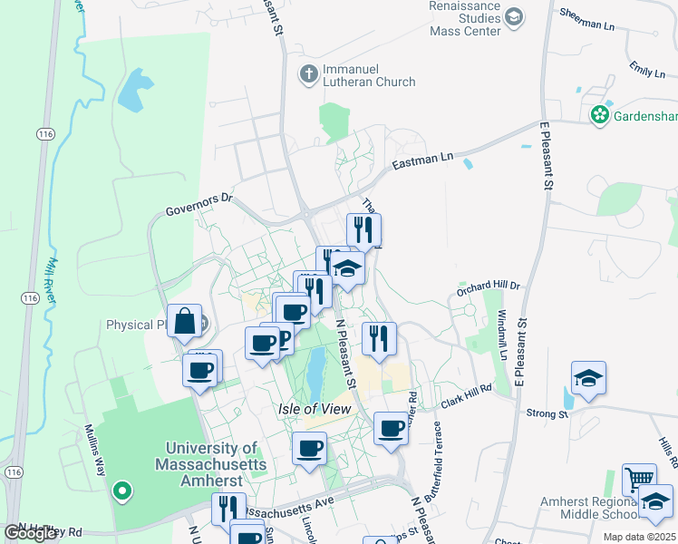 map of restaurants, bars, coffee shops, grocery stores, and more near 669 North Pleasant Street in Amherst