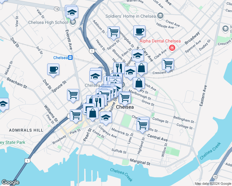 map of restaurants, bars, coffee shops, grocery stores, and more near 4 Washington Avenue in Chelsea