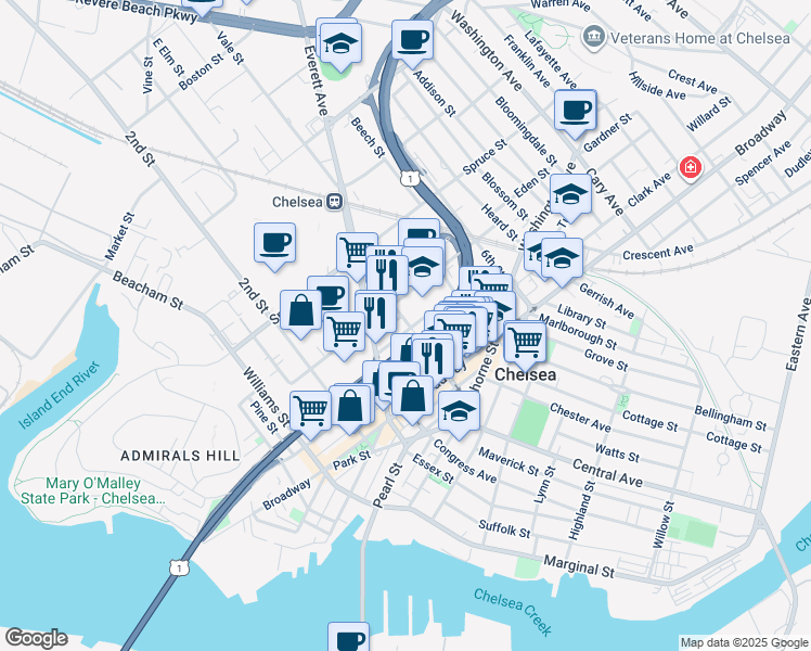 map of restaurants, bars, coffee shops, grocery stores, and more near 65 4th Street in Chelsea