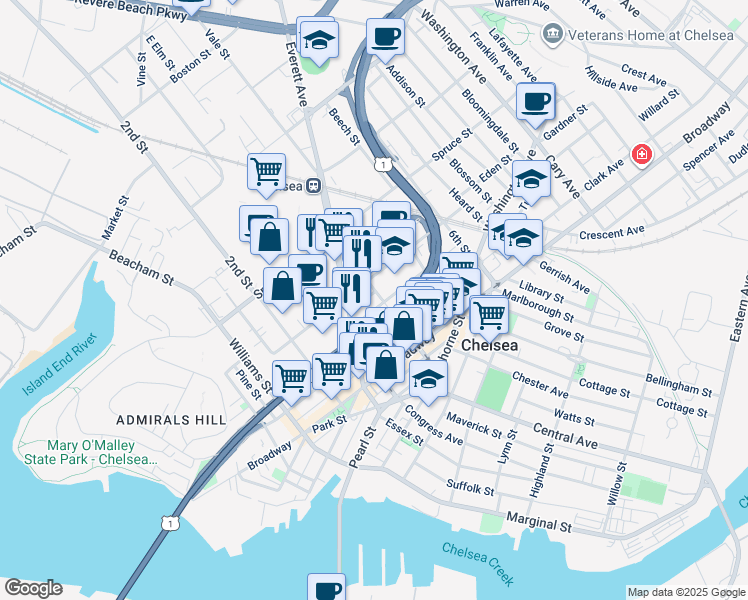 map of restaurants, bars, coffee shops, grocery stores, and more near 116 Ash Street in Chelsea