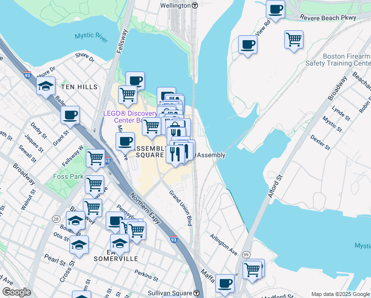 map of restaurants, bars, coffee shops, grocery stores, and more near 499 Foley Street in Somerville