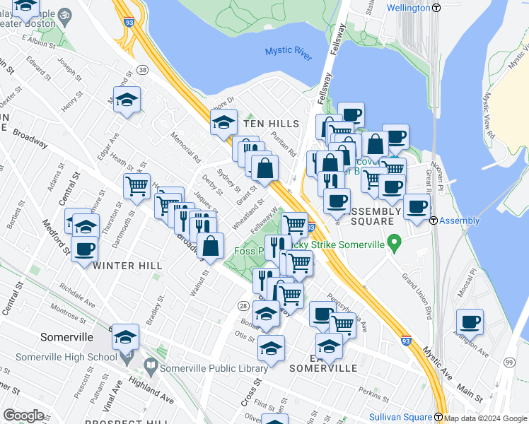 map of restaurants, bars, coffee shops, grocery stores, and more near in Middlesex County