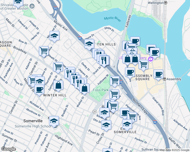map of restaurants, bars, coffee shops, grocery stores, and more near 19 Jaques Street in Somerville