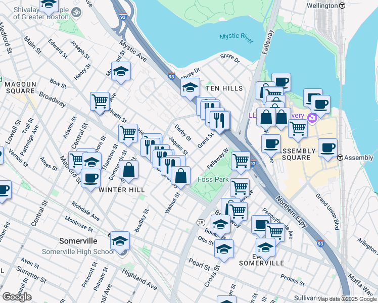 map of restaurants, bars, coffee shops, grocery stores, and more near 19 Jaques Street in Somerville