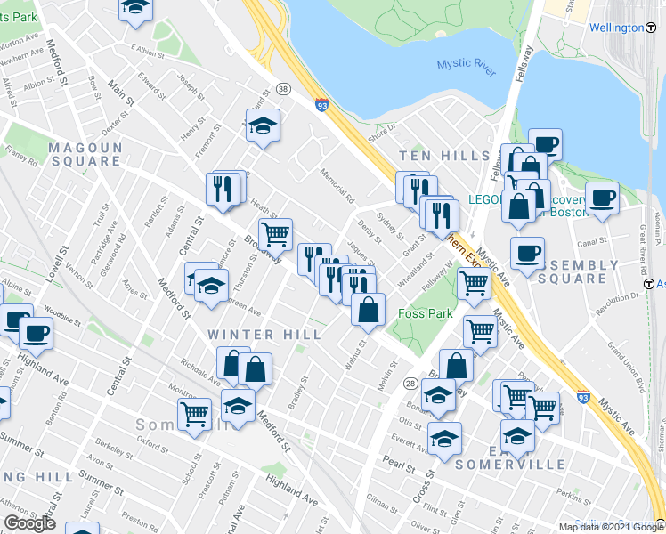 map of restaurants, bars, coffee shops, grocery stores, and more near 15 Temple Street in Somerville