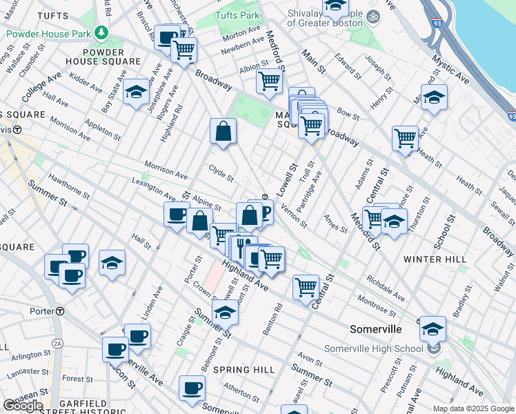 map of restaurants, bars, coffee shops, grocery stores, and more near 24 Princeton Street in Somerville