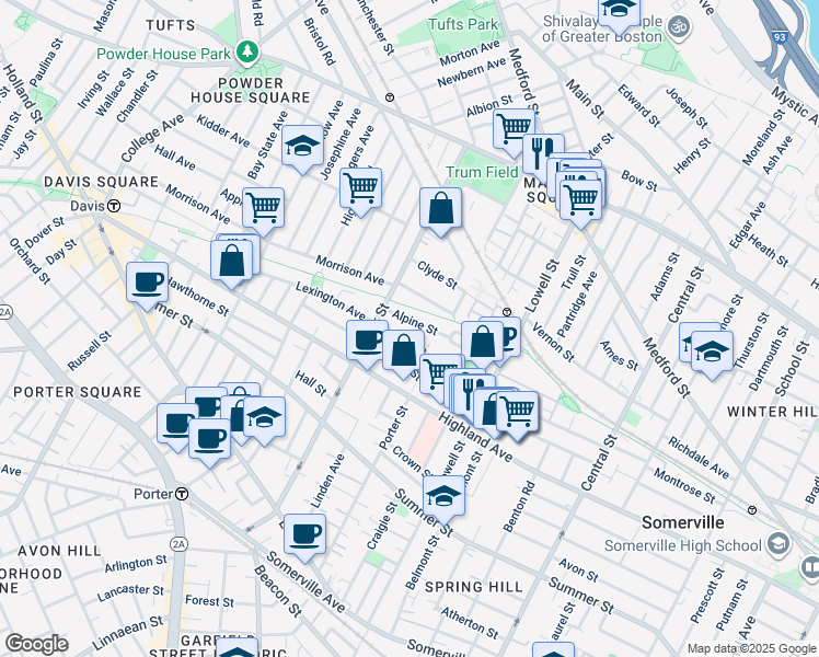 map of restaurants, bars, coffee shops, grocery stores, and more near 159 Albion Street in Somerville