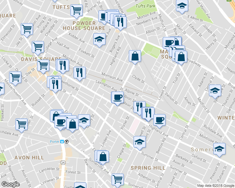 map of restaurants, bars, coffee shops, grocery stores, and more near 124 Cedar Street in Somerville