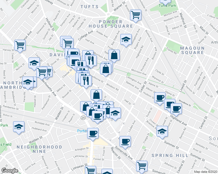map of restaurants, bars, coffee shops, grocery stores, and more near 18 Charnwood Road in Somerville