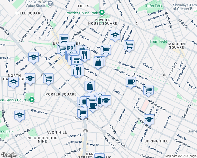 map of restaurants, bars, coffee shops, grocery stores, and more near 18 Charnwood Road in Somerville