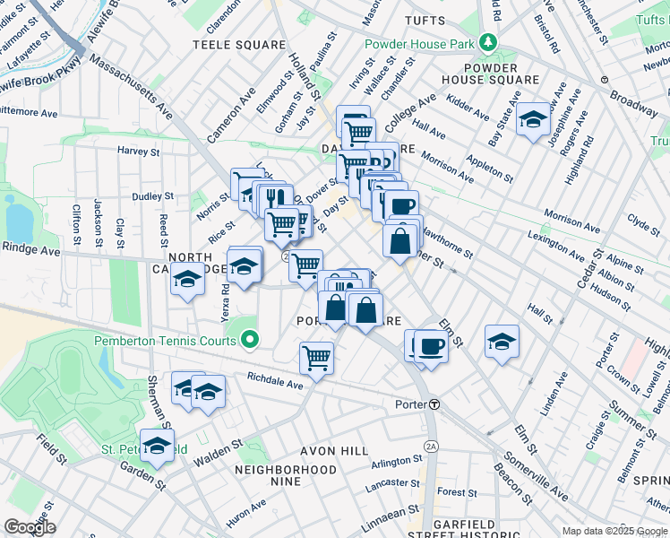 map of restaurants, bars, coffee shops, grocery stores, and more near 15 Milton Street in Cambridge
