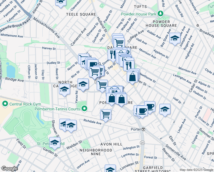 map of restaurants, bars, coffee shops, grocery stores, and more near 15 Milton Street in Cambridge