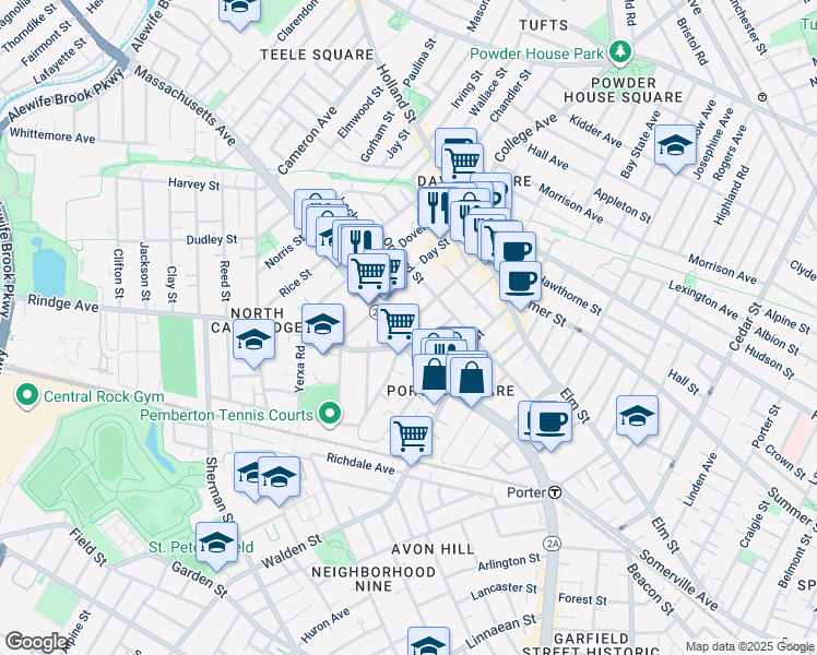 map of restaurants, bars, coffee shops, grocery stores, and more near 2192 Massachusetts Avenue in Cambridge