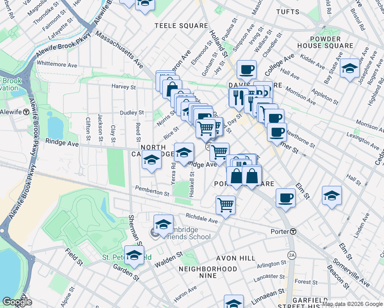map of restaurants, bars, coffee shops, grocery stores, and more near 22 Haskell Street in Cambridge
