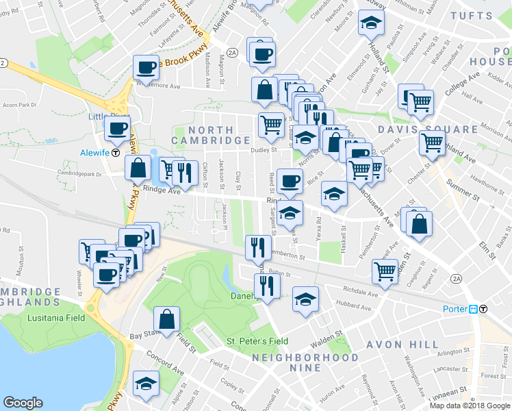 map of restaurants, bars, coffee shops, grocery stores, and more near 195 Sherman Street in Cambridge