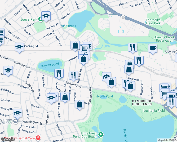 map of restaurants, bars, coffee shops, grocery stores, and more near 42 Sunset Road in Cambridge