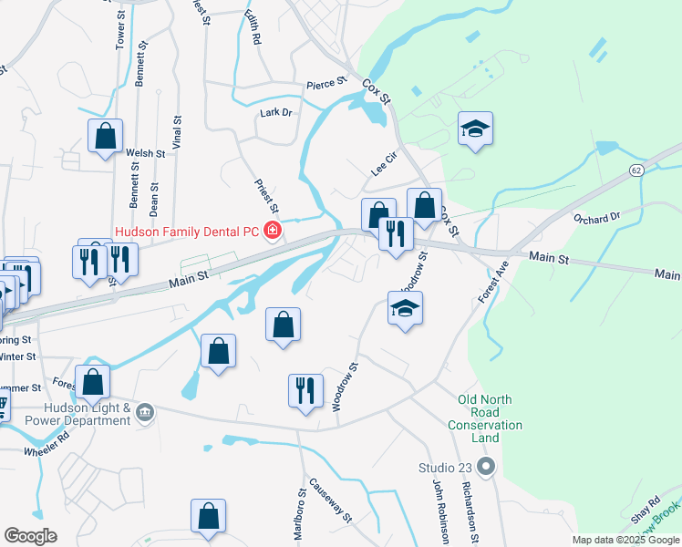 map of restaurants, bars, coffee shops, grocery stores, and more near 25 Woodrow Street in Hudson