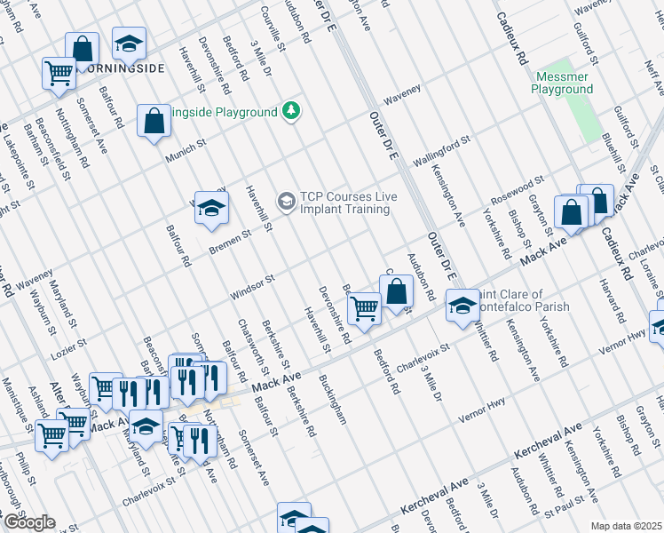 map of restaurants, bars, coffee shops, grocery stores, and more near 3661 Bedford Road in Detroit
