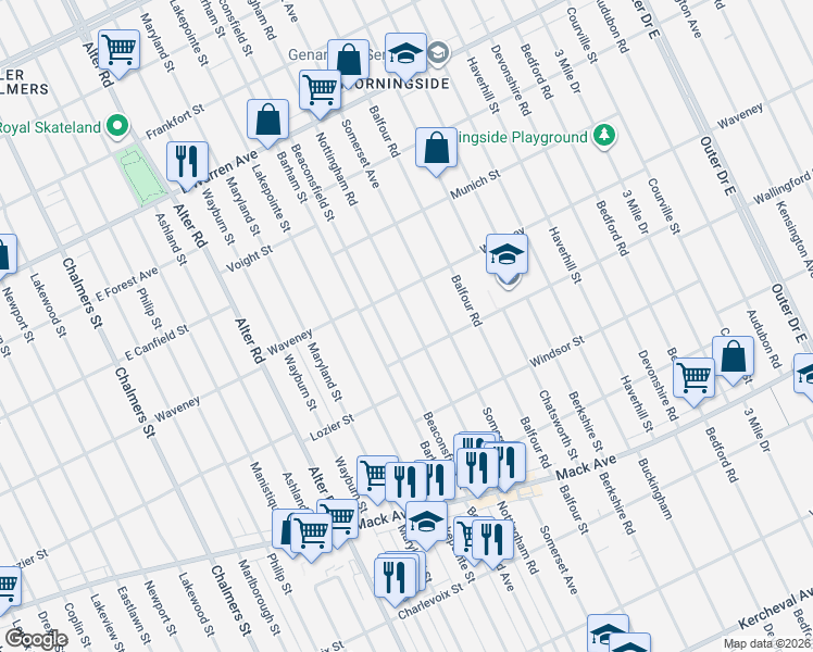map of restaurants, bars, coffee shops, grocery stores, and more near 4140 Beaconsfield Street in Detroit