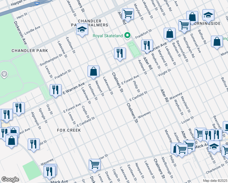 map of restaurants, bars, coffee shops, grocery stores, and more near 4707 Lakewood Street in Detroit