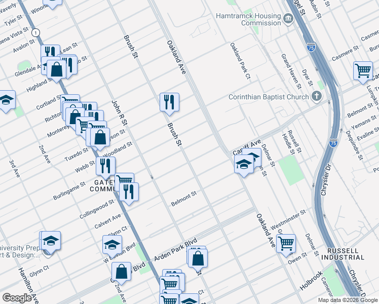 map of restaurants, bars, coffee shops, grocery stores, and more near 527 Harmon Street in Detroit
