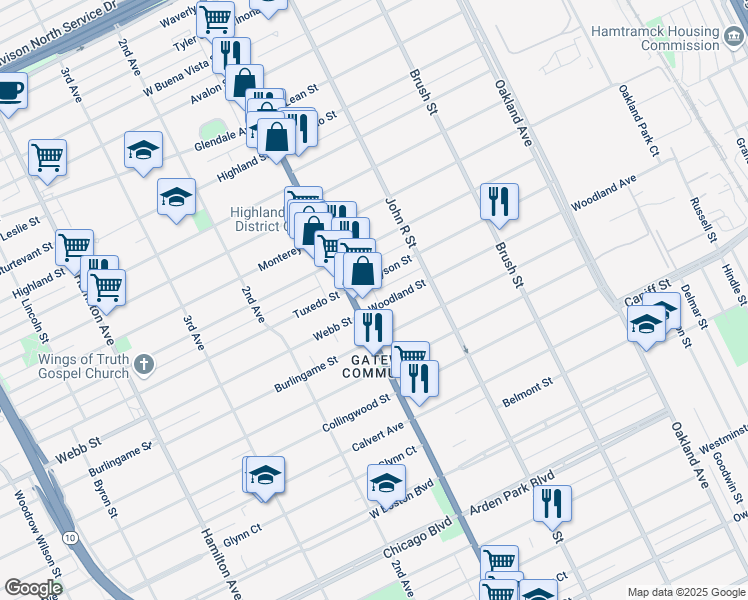map of restaurants, bars, coffee shops, grocery stores, and more near 11698 Woodward Avenue in Detroit