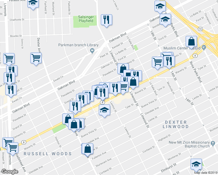 map of restaurants, bars, coffee shops, grocery stores, and more near 2902 Clements Street in Detroit