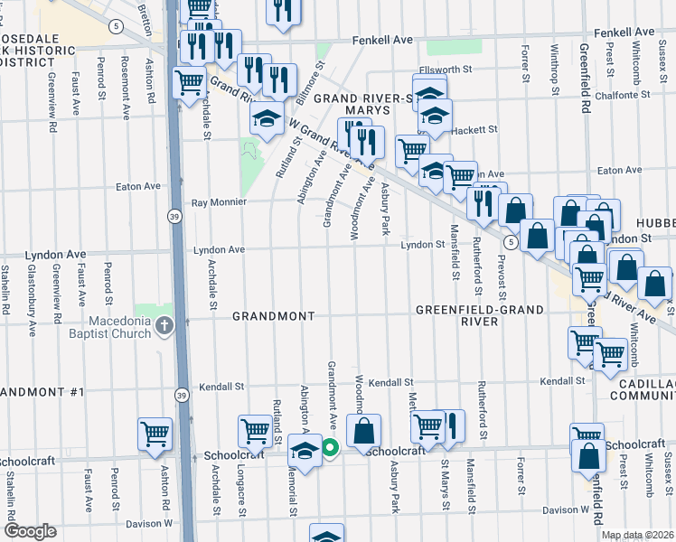map of restaurants, bars, coffee shops, grocery stores, and more near 14403 Grandmont Avenue in Detroit