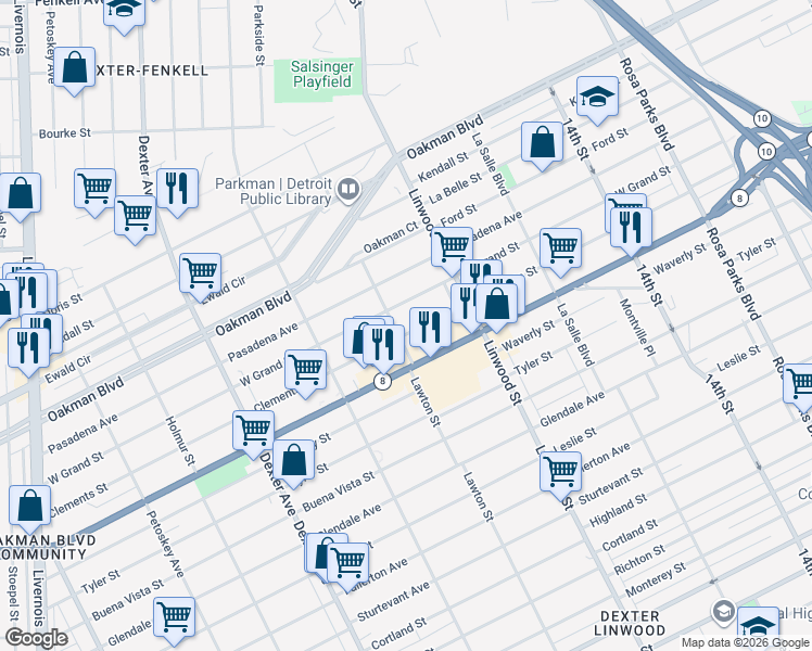 map of restaurants, bars, coffee shops, grocery stores, and more near 2902 Clements Street in Detroit
