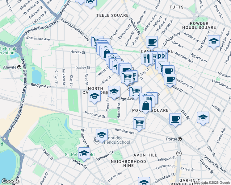map of restaurants, bars, coffee shops, grocery stores, and more near 89 Rindge Avenue in Cambridge