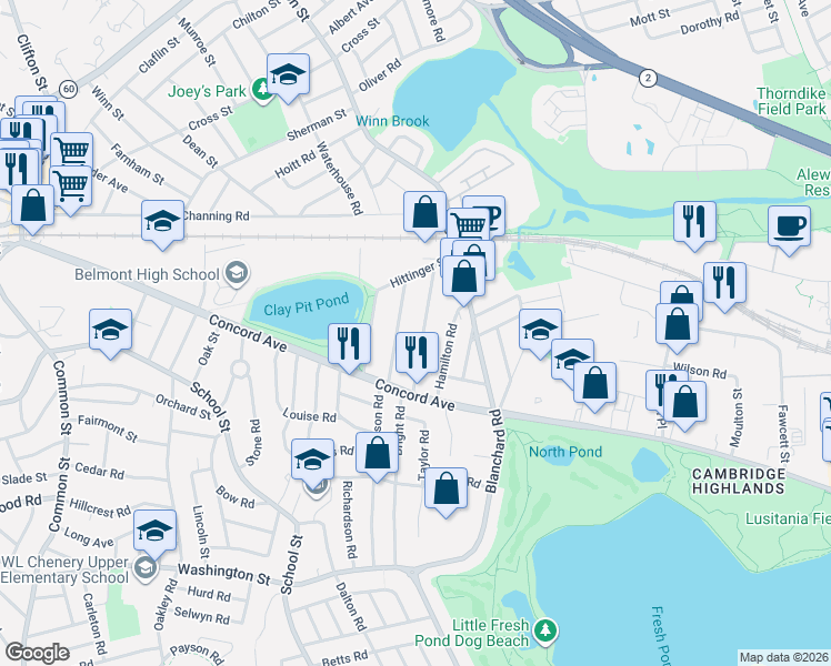 map of restaurants, bars, coffee shops, grocery stores, and more near 47 Baker Street in Belmont