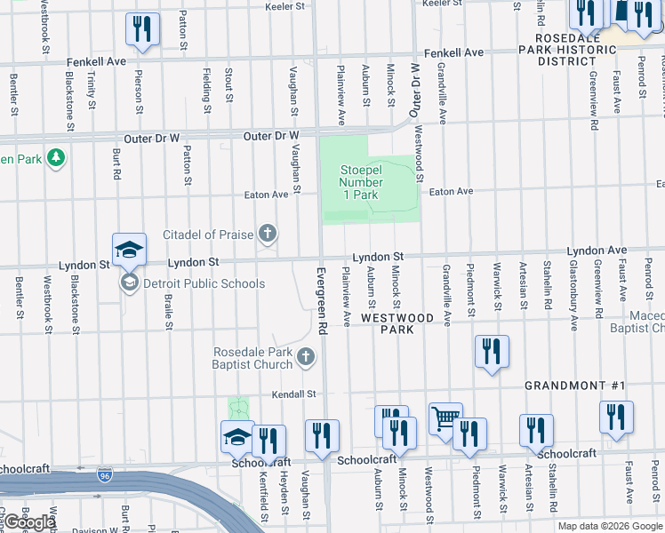 map of restaurants, bars, coffee shops, grocery stores, and more near 14432 Evergreen Road in Detroit
