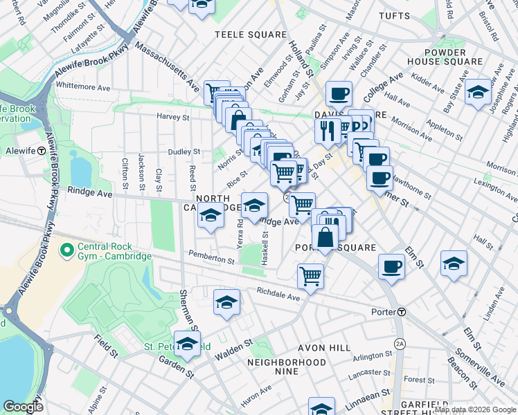 map of restaurants, bars, coffee shops, grocery stores, and more near 9 Rindgefield Street in Cambridge