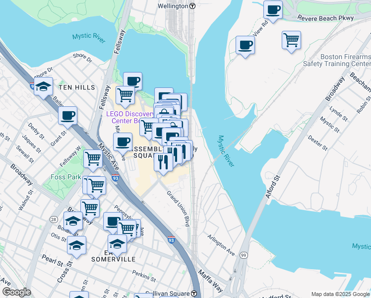 map of restaurants, bars, coffee shops, grocery stores, and more near 499 Foley Street in Somerville