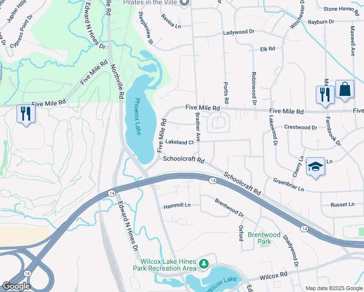 map of restaurants, bars, coffee shops, grocery stores, and more near 42469 Lakeland Court in Plymouth