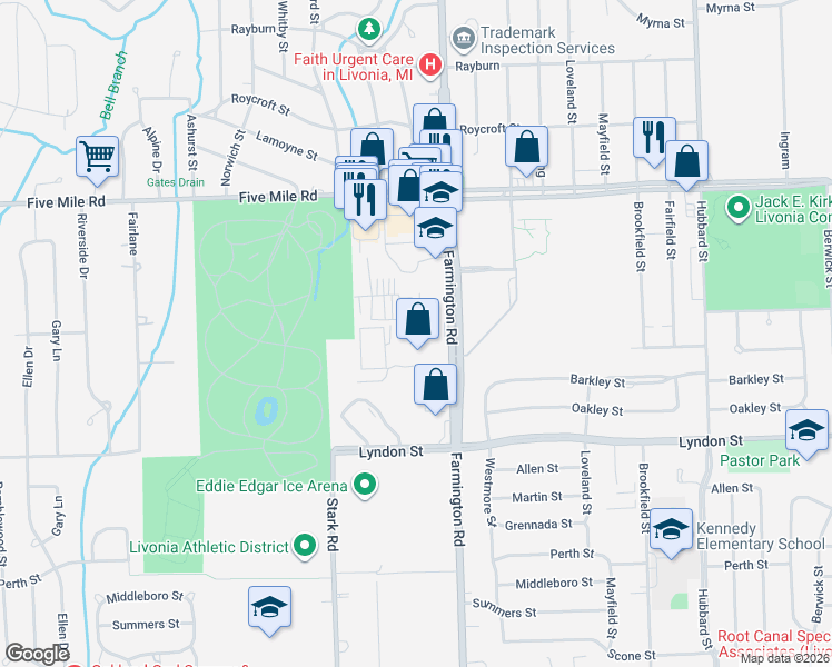map of restaurants, bars, coffee shops, grocery stores, and more near 14905 Farmington Road in Livonia